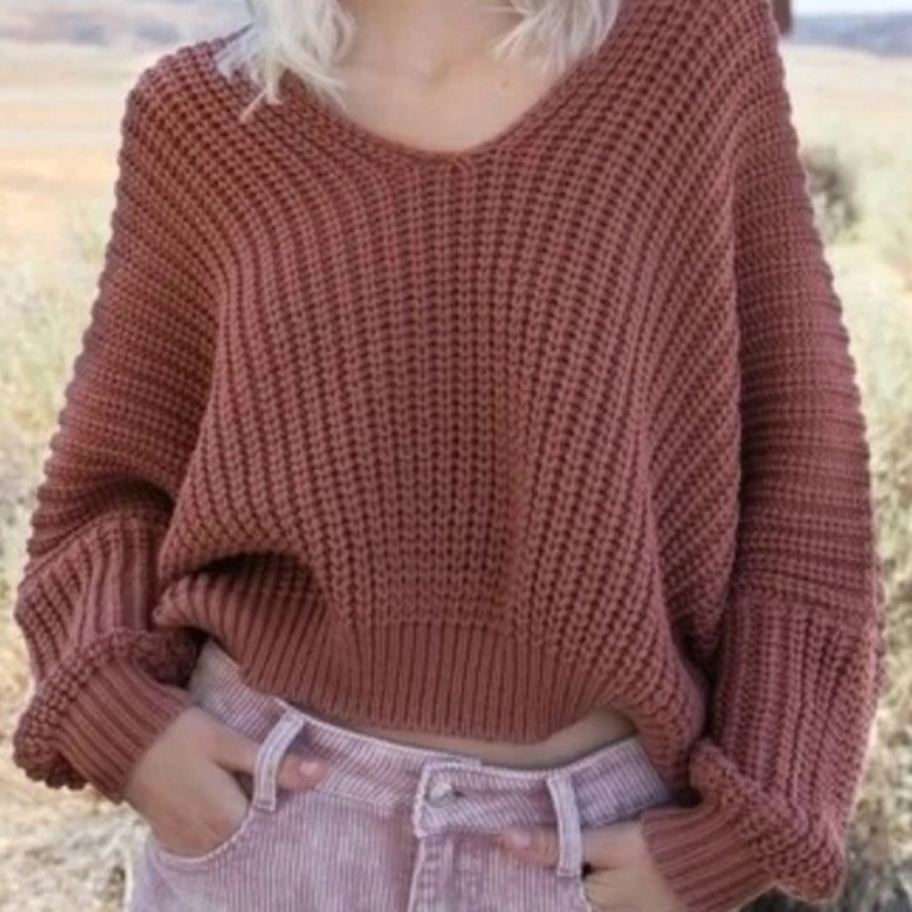 Pol Women's Double V-Neck Wide Neck Sweater Loose Knit Mauve Size L Boho Winter